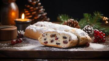 ai generiert Weihnachten Stollen Brot mit festlich Dekorationen foto