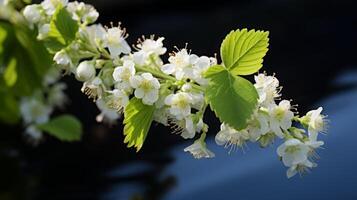 ai generiert Frühling Blüten, zart Weiß Blumen auf Ast foto