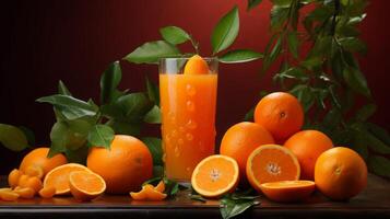 ai generiert frisch Orange Saft inmitten ein Zitrusfrüchte foto