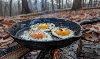 ai generiert Eier gebraten im ein Besetzung Eisen Bratpfanne Über ein Lagerfeuer foto