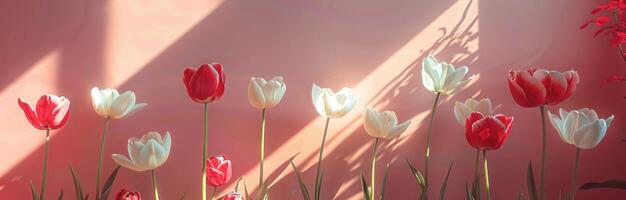 ai generiert Weiß und rot Tulpen auf Rosa Hintergrund foto
