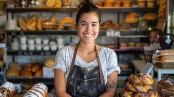 ai generiert ein weiblich Bäcker und Unternehmer, das Inhaber von ein Anfang klein Geschäft, ist abgebildet beim das Zähler von ihr Bäckerei foto