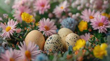 ai generiert ein herrlich Ostern Ei Anzeige gegen ein Hintergrund von Blühen Frühling Blumen foto