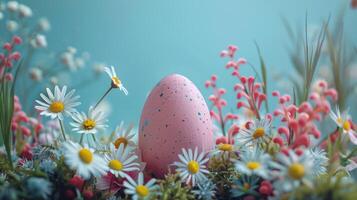 ai generiert ein herrlich Ostern Ei Anzeige gegen ein Hintergrund von Blühen Frühling Blumen foto