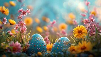 ai generiert ein herrlich Ostern Ei Anzeige gegen ein Hintergrund von Blühen Frühling Blumen foto