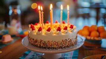 ai generiert ein froh Geburtstag Party mit ein Kuchen, Kerzen foto