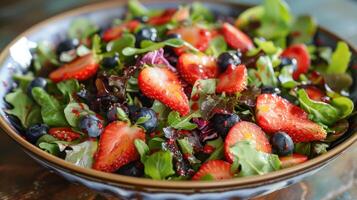 ai generiert ein erfrischend Salat mit gemischt grüne, Erdbeeren, Blaubeeren, und ein Himbeere Vinaigrette foto