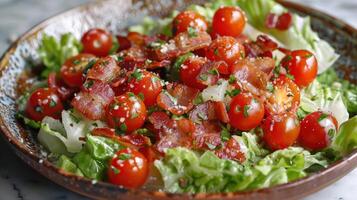 ai generiert ein Licht und knackig Salat mit Eisberg Kopfsalat, Kirsche Tomaten, Speck, und ein cremig Ranch Dressing foto