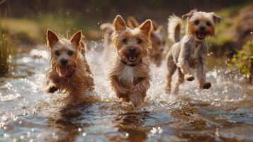 ai generiert vier Hunde und Katzen Laufen im das Gras auf ein draussen Teich foto