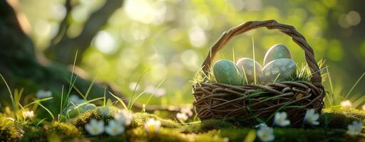 ai generiert Ostern Korb mit Eier auf das Gras, Sonnenstrahlen scheinen auf es foto