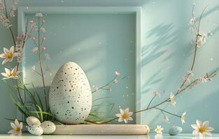 ai generiert ein Ei mit Blumen dekoriert ein Platz Blau Rahmen foto