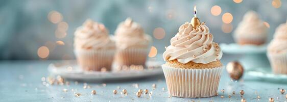 ai generiert ein oben Gold Kerze auf ein Cupcake einstellen gegen ein Sanft Pastell- Blau Hintergrund foto