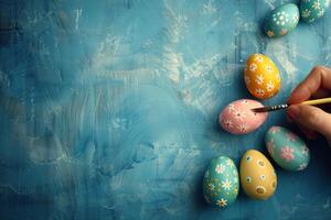ai generiert dekorieren Ostern Eier auf ein Blau Hintergrund foto