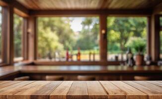 ai generiert Holz Tabelle oben auf verwischen abstrakt Grün von Garten im das Morgen Hintergrund foto