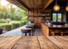 ai generiert Holz Tabelle oben auf verwischen abstrakt Grün von Garten im das Morgen Hintergrund foto