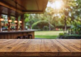 ai generiert Holz Tabelle oben auf verwischen abstrakt Grün von Garten im das Morgen Hintergrund foto