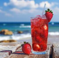 ai generiert ein trinken mit zwei Erdbeeren beim das Strand und ein Stroh foto