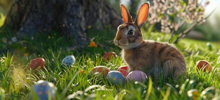 ai generiert Ostern Hase mit Eier im Gras foto
