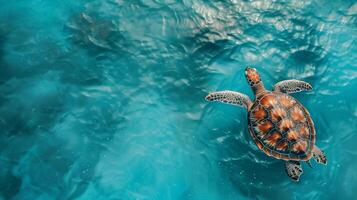 ai generiert Antenne Aussicht von Meer Schildkröte Schwimmen auf Blau Ozean foto