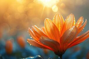 ai generiert ein Orange Blume gewaschen mit Sonnenlicht Über das Sonne foto