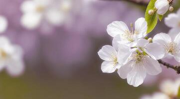 ai generiert Blühen Kirsche Baum Geäst Weiß Blumen Nahansicht auf verschwommen abstrakt Hintergrund. foto