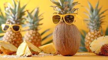 ai generiert ein Reihenfolge von Ananas und ein Kokosnuss Sport Sonnenbrille gegen ein sonnig Gelb Hintergrund foto