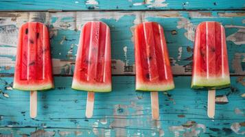 ai generiert Wassermelone Scheibe Eis am Stiel angezeigt auf ein rustikal Blau Holz Hintergrund foto