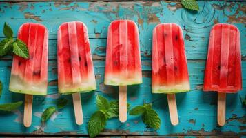 ai generiert Wassermelone Scheibe Eis am Stiel angezeigt auf ein rustikal Blau Holz Hintergrund foto