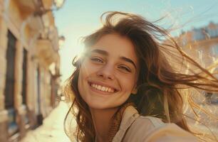 ai generiert jung Mädchen lächelnd beim Kamera während Selfie nehmen Frau foto