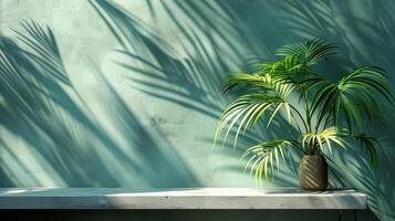ai generiert Prämie Podium mit ein Schatten von tropisch Palme Blätter gegen ein Pastell- Grün Mauer und ein glatt grau Tabelle foto