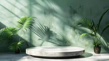 ai generiert Prämie Podium mit ein Schatten von tropisch Palme Blätter gegen ein Pastell- Grün Mauer und ein glatt grau Tabelle foto