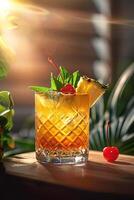 ai generiert ein Mai Tai, mit Rum, Limette Saft, Orange Likör, und orgeat Sirup, garniert mit ein Kirsche und ein Scheibe von Ananas foto