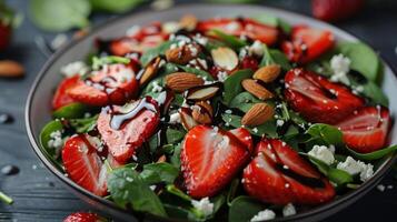 ai generiert ein Erdbeere Spinat Salat, mit geschnitten Erdbeeren, Mandeln, und Feta Käse, nieselt mit Balsamico Glasur foto