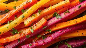 ai generiert ein Regenbogen Karotte Salat, mit ein mischen von orange, lila, und Gelb Möhren, rasiert in Bänder und gekleidet foto
