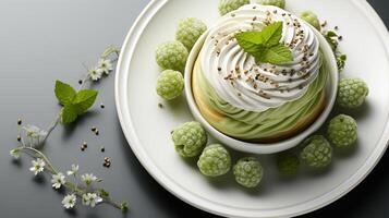 ai generiert Matcha Sahne Puff Süss Sahne Belag Kuchen foto