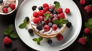 ai generiert Himbeere Sahne Torte Gebäck Snack zum Party foto