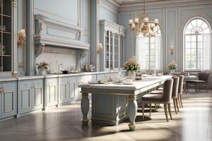 ai generiert ein europäisch Stil Küche Innere Design mit hoch Fenster Werbung Fotografie foto