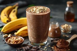 ai generiert ein Protein Shake gefüllt mit ein Smoothie Fachmann Werbung Essen Fotografie foto