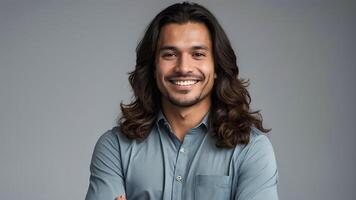 ai generiert Porträt von lächelnd Latino Mann mit lange Haar auf einfarbig Hintergrund foto