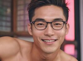ai generiert schön mit nacktem Oberkörper asiatisch Kerl mit Brille lächelnd und suchen beim Kamera mit nacktem Oberkörper mit Bokeh Hintergrund foto
