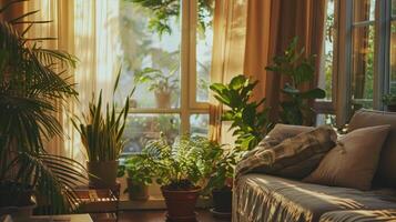 ai generiert ein komfortabel Leben Zimmer geschmückt mit Innen- Pflanzen, fördern Zuhause Gartenarbeit und biophil Design foto