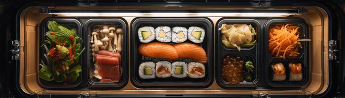 ai generiert sortiert Sushi Teller im Bento Box foto