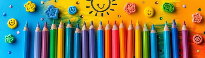 ai generiert beschwingt Anzeige von farbig Bleistifte und wunderlich Radiergummis vereinbart worden auf ein lebendig Blau und Gelb Hintergrund, hervorrufen Kreativität und Verspieltheit foto