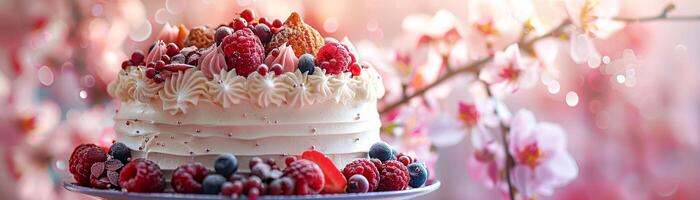 ai generiert ein dekadent mit Früchten belegt Kuchen mit ein Vielfalt von Beeren und Licht Glasur foto