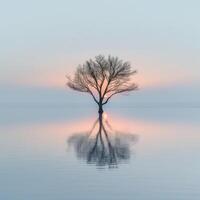 ai generiert einsam Baum Betrachtung auf still Wasser beim Dämmerung foto