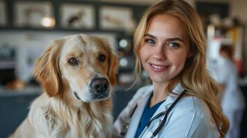 ai generiert Porträt von glücklich weiblich Tierarzt nehmen Pflege von Hund beim Rezeption im Veterinär Klinik foto