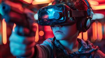 ai generiert ein Junge trägt ein vr Headset und Theaterstücke ein Schießen Spiel im ein virtuell Wirklichkeit Zimmer. foto