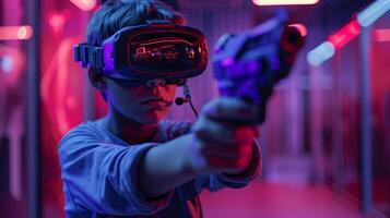 ai generiert ein Junge trägt ein vr Headset und Theaterstücke ein Schießen Spiel im ein virtuell Wirklichkeit Zimmer. foto