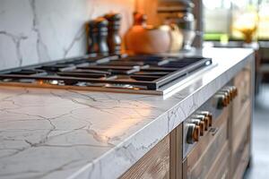ai generiert Nahansicht von ein modern Küche mit Weiß Marmor Arbeitsplatten und Innere Einzelheiten foto