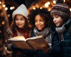 ai generiert heiter Kinder singen Weihnachtslieder auf das Straße foto